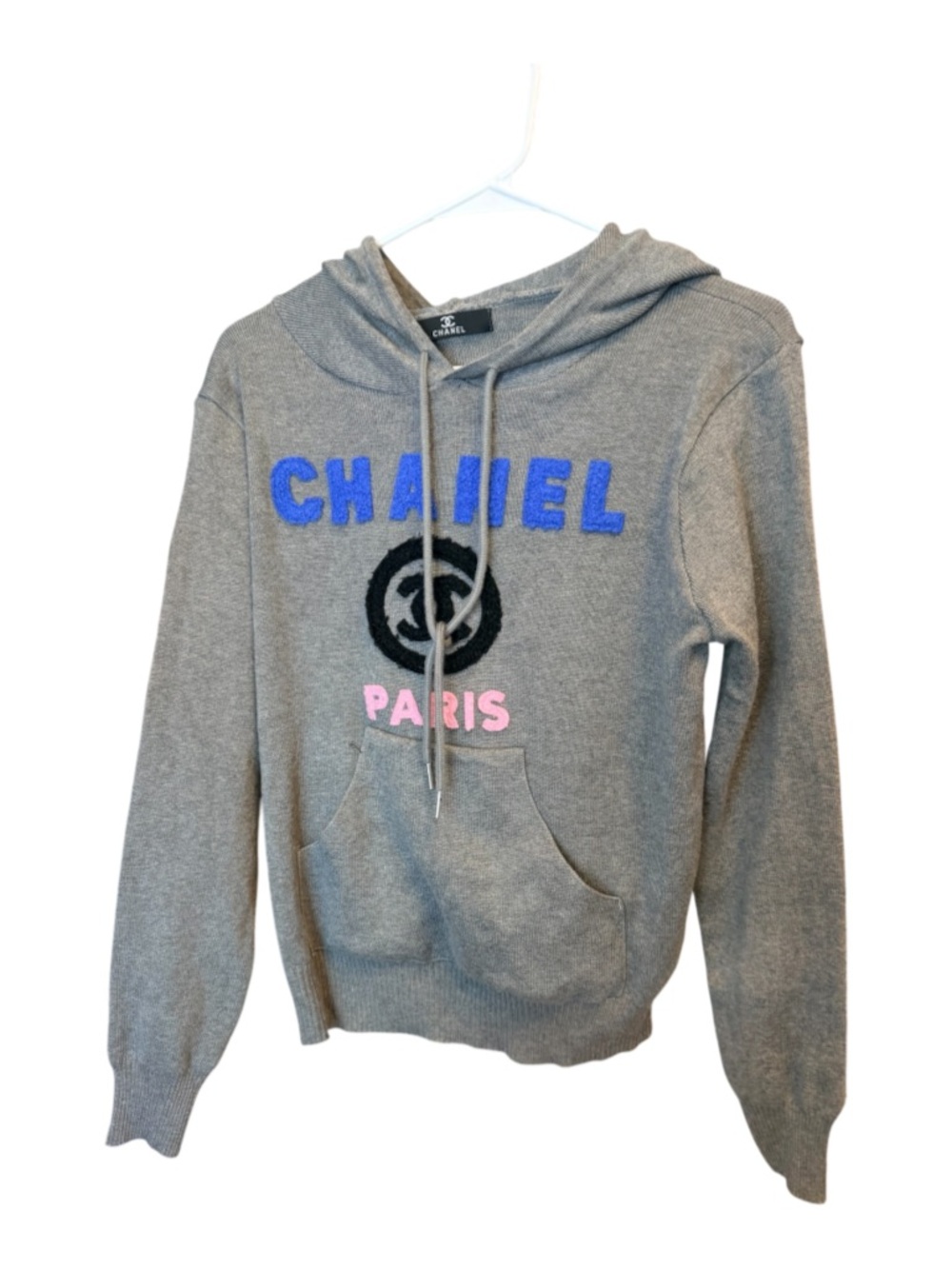 CHANEL Grey Cowl Hoodie Sweater with Blue and Pink Logo Accents
